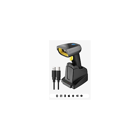 Schwarzer Barcode-Scanner mit gelben Akzenten, auf einer Ladestation, zwei USB-Kabel daneben.