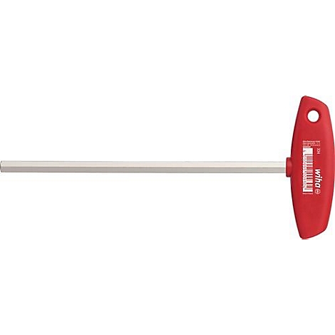 Een rode T-handle inbussleutel van Wiha, afgebeeld op een witte achtergrond.