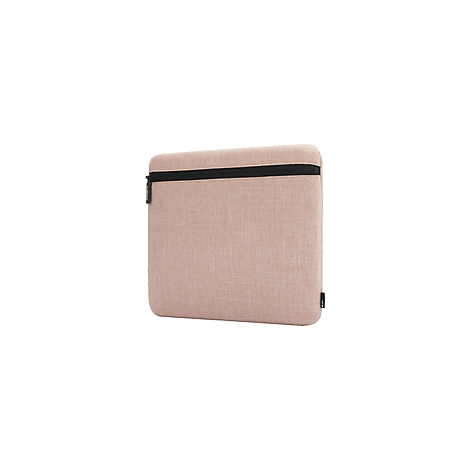 Beige Laptoptasche mit schwarzem Reißverschluss und kleinem schwarzen Logo.