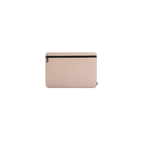 Beige Laptoptasche mit schwarzem Reißverschluss und Logo.
