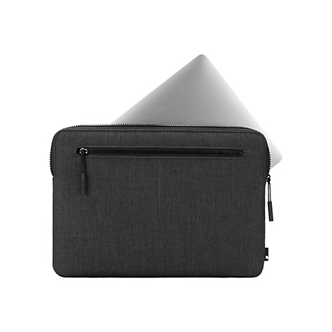 Dunkelgraue Laptoptasche mit Reißverschluss, in der ein silberfarbenes Laptop steckt.