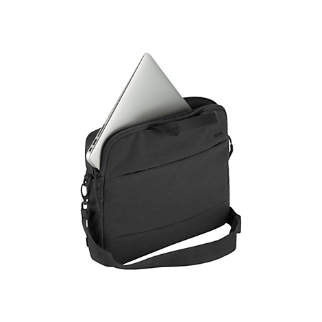 Schwarze Laptoptasche mit silbernem Laptop, teilweise offen, mit Schulterriemen.