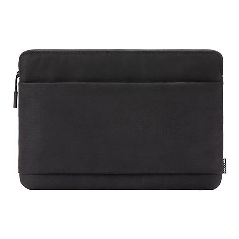 Schwarze Laptoptasche mit Reißverschluss und kleinem Logo am Rand.