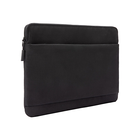 Schwarze Laptoptasche, mit Reißverschluss, auf weißem Hintergrund.