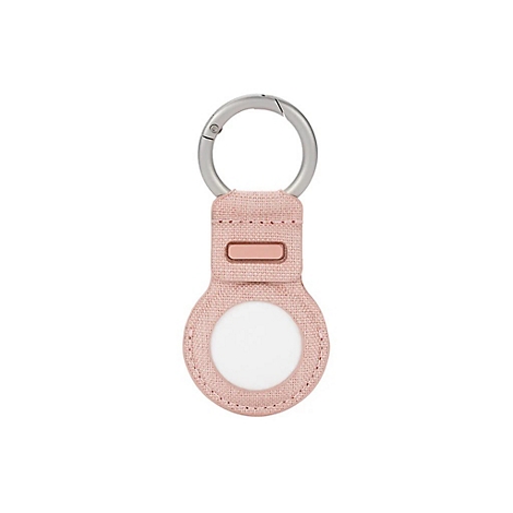 Hellrosa AirTag-Halterung mit silberfarbenem Karabinerhaken. Die Halterung hat eine runde Aussparung für das AirTag und eine schmale Öffnung.