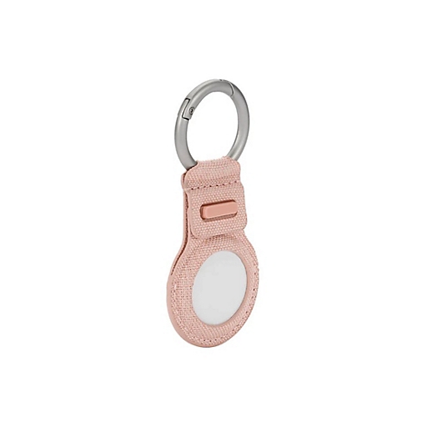 Rosa AirTag-Hülle mit silbernem Karabiner. Der Tracker selbst ist weiß und rund.