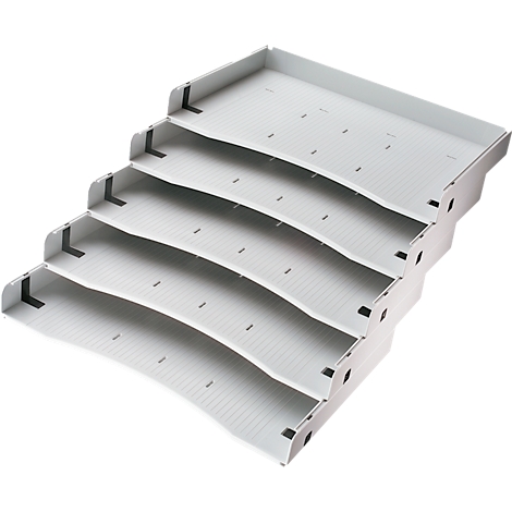 Grey stepped filing system with six levels, details include black corner connectors and small holes.