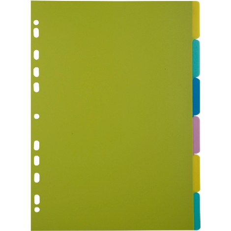 Lichtgroene documenthoes met gekleurde tabbladen. Perforatie aan de linkerkant voor het archiveren.