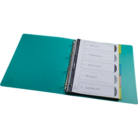 Blau-groene map, open, met tabbladen voor wiskunde, Frans, geschiedenis, analyse en wetenschappen.