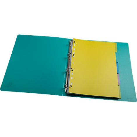 Open turquoise ordner met geel papier en verdelers. Zilveren ringen en heldere achtergrond.
