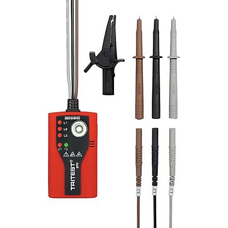 Appareil de mesure TRITEST pro rouge avec pointes de touche et pince crocodile. Affichage pour L1, L2, L3 et voyant d'avertissement.