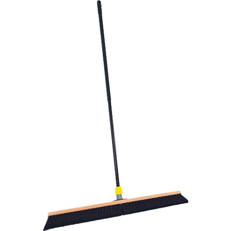 Broom with black bristle head and handle. The handle is black, the holder yellow.