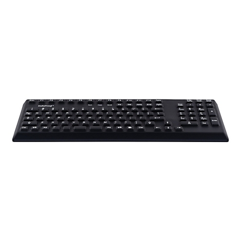 Schwarze Computertastatur, Tasten mit weiÃŸer Schrift. Steht vor weiÃŸem Hintergrund.