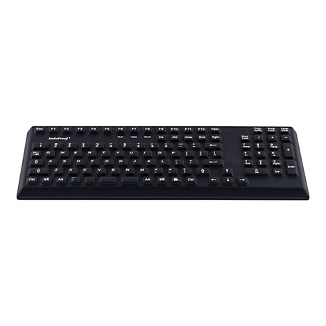 Schwarze Tastatur mit weiÃŸen Buchstaben und Zahlen vor weiÃŸem Hintergrund.
