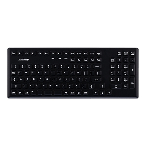 Schwarze Tastatur mit weiÃŸen Beschriftungen. Auf den Tasten stehen Buchstaben, Zahlen und Sonderzeichen.