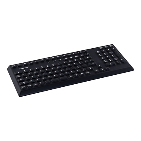 Schwarze Tastatur mit weiÃŸen Buchstaben, Nummernblock und Funktionstasten auf weiÃŸem Hintergrund.
