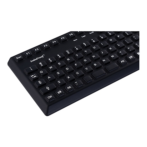 Schwarze Tastatur, weiÃŸe Beschriftung. Der Fokus liegt auf den Tasten. Das Logo 'InduProof' ist sichtbar.