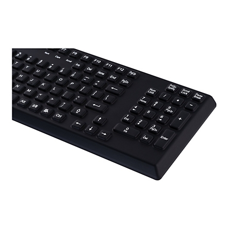 Schwarze Computertastatur mit weiÃŸen Tasten, die aus der Perspektive fotografiert wurde. Die alphanumerische Tastatur und ein Nummernblock sind zu sehen.