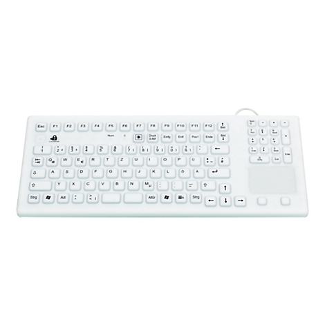 Hellweiße Computertastatur mit flachen Tasten und abgerundeten Kanten. Oben: Funktionstasten und Ziffernblock.