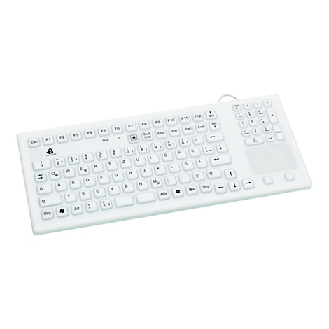 Weiße Tastatur mit Touchpad. Die Tastatur hat deutsche Beschriftung. Tasten: Esc, F1-F12, Num, Strg, Alt, Enter, Pfeiltasten, Ziffernblock.