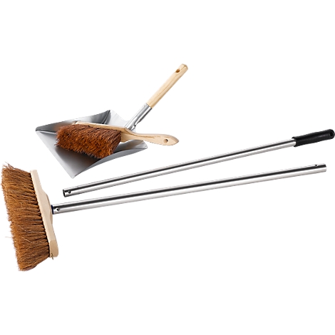 Broom and dustpan set on white background. Broom with wooden handle, metal dustpan.