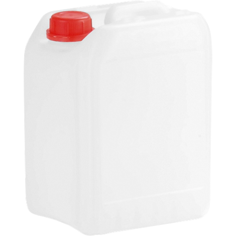 White canister with red screw cap. Handle on top.