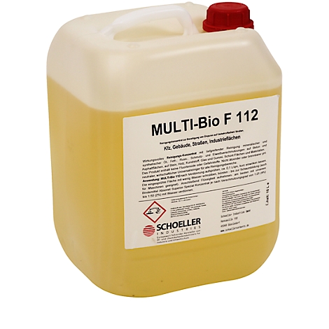 A rectangular, yellow canister with a red lid. The label says MULTI-Bio F 112 and other information.