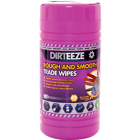 A cylindrical, pink container of cleaning wipes. Reads: "DIRTEEZE ROUGH AND SMOOTH TRADE WIPES".