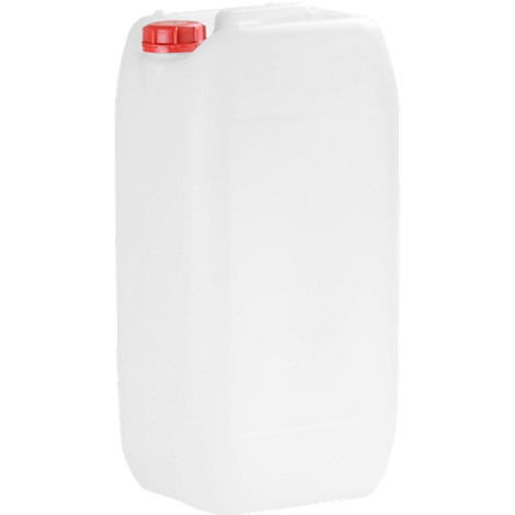 White canister with red lid. Rectangular, rounded corners, lid on the top left.