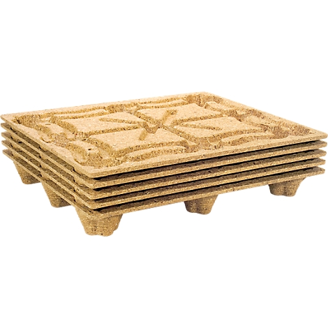 A stack of six light brown pallets, designed for the transportation of goods.