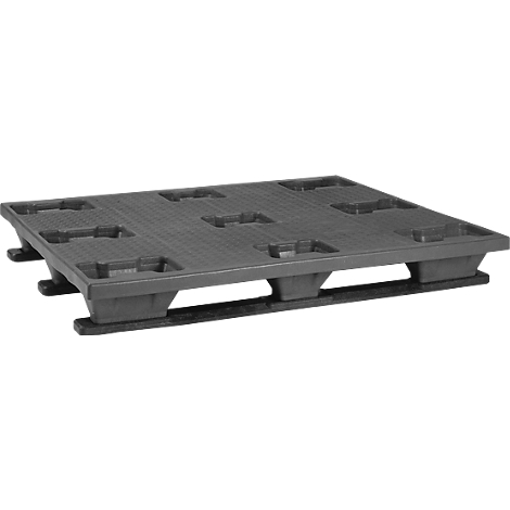 A gray plastic pallet with cutouts and feet.
