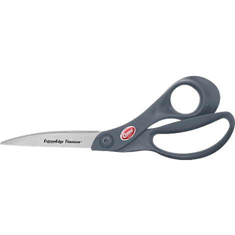 Gray scissors with the text "ExtremEdge Titanium". Red sticker with "Clauss".