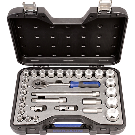 Toolbox with various wrenches and accessories. The box is open and contains a variety of tools.