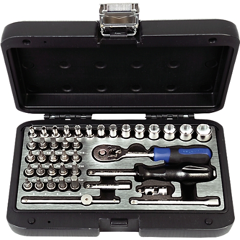 Tool kit with wrenches and accessories. Black case, silver interior. Blue wrench.