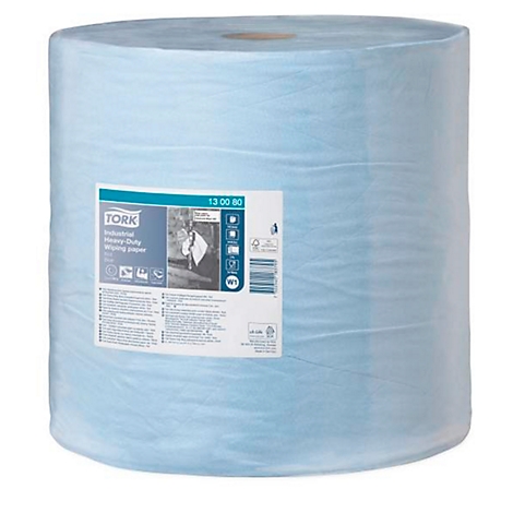 Light blue paper roll. Sticker with product information.