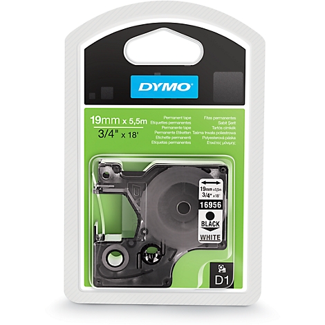 Dymo label tape in packaging, black/white labeled.