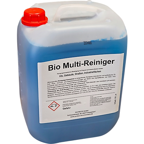 Blauer Kanister mit rotem Deckel. Aufschrift: Bio Multi-Reiniger. Gefahrensymbol.
