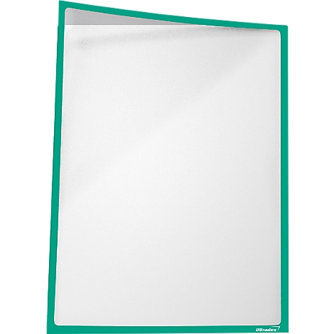 White, transparent document protector with a green frame.