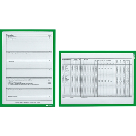 Two green folders with white sheets. The left one says "Aufgaben". On the right tables with data.