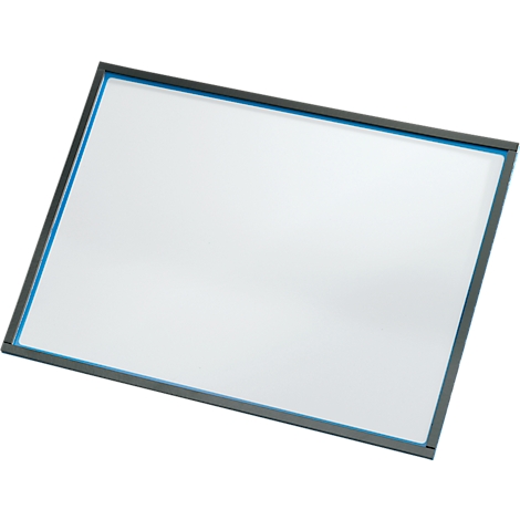 A rectangular whiteboard with a gray frame and a blue inner line. The board is slightly angled.