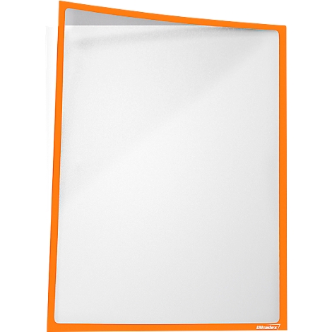 White page in an orange frame. Slightly open at the top left.