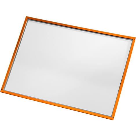 Rectangular white board with an orange frame, shown slightly angled.