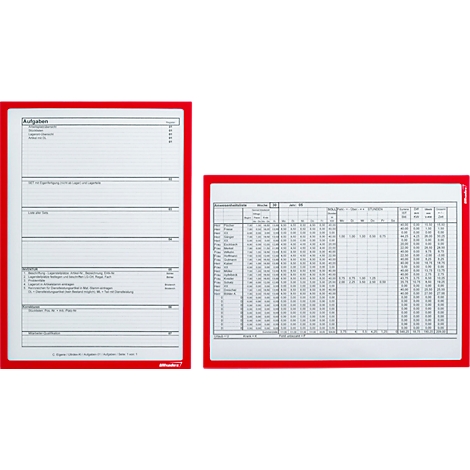 Two document sleeves with red borders. Text on the left, table with numbers on the right. Both are on a white background.
