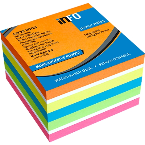 Ein Stapel bunter Haftnotizen. Die Verpackung zeigt den Markennamen 'info' und den Text 'Sticky Notes'.