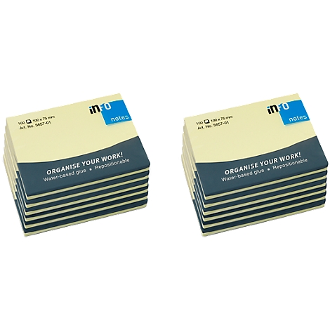 Two stacks of yellow sticky notes with a blue border. Text: Organise your work! Water-based glue. Repositionable.