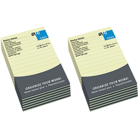 Two stacks of yellow sticky notes with blue and gray accents. Printed text: "Sticky Notes" and "Organise your work!".