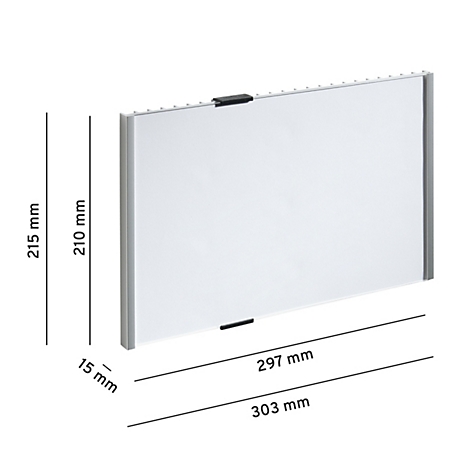 Weißes, rechteckiges Produkt, grauer Rahmen, schwarze Halterungen. Maße: 297/303 mm x 210/215 mm x 15 mm.
