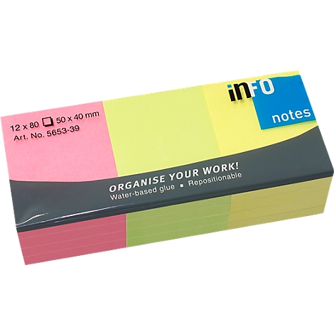 A pack of sticky notes in pink, yellow, and green, with text such as "ORGANISE YOUR WORK!" and "INFO notes".