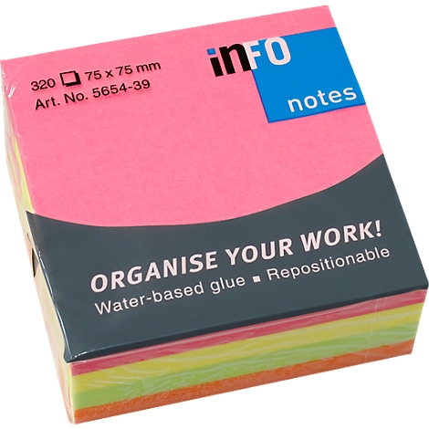A block of colorful sticky notes. The pink cover shows "info notes" and "Organise Your Work!"