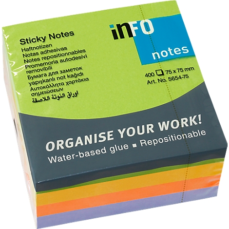 A stack of sticky notes in various colors, wrapped in foil. Product details in multiple languages are written on the packaging.